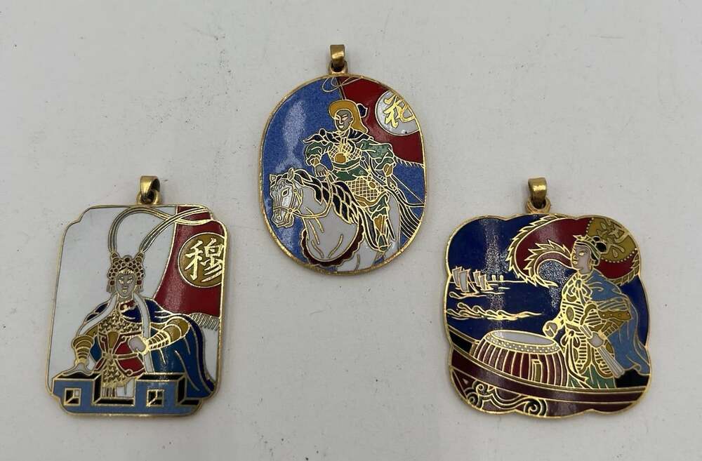 Vintage Chinese Cloisonné Enamel Pendants Lot of 3 Figural Warrior Horse Drum